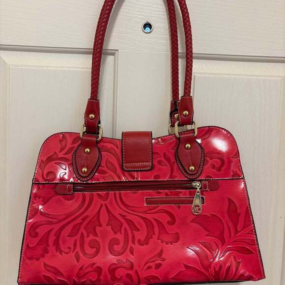 Madi Claire Red Embossed Genuine Leather Satchel Handbag With Feet - Picture 6 of 8
